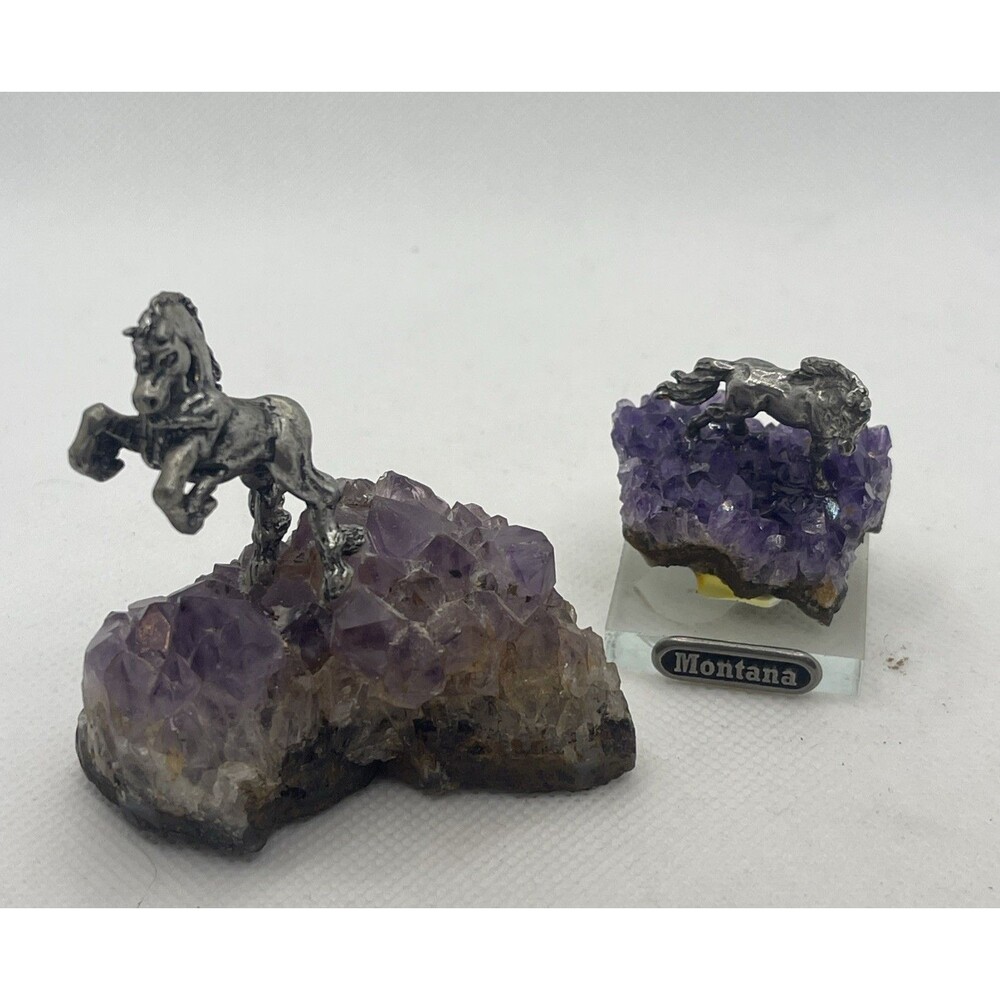 Horses On Amethyst Clusters Quartz Pewter Figurines Mythical Crystals - Montana